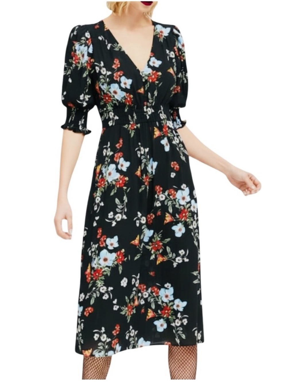 🪭Vintage 1940s-Vibes Floral Puff Sleeve Midi Tea Dress, Size 6